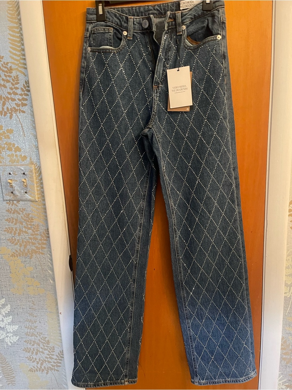 Vero Moda Dark Blue Diamond-Stitch Straight Jeans